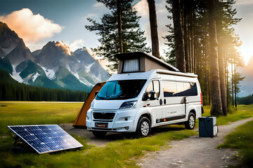 An RV in a picturesque location, equipped with solar panels