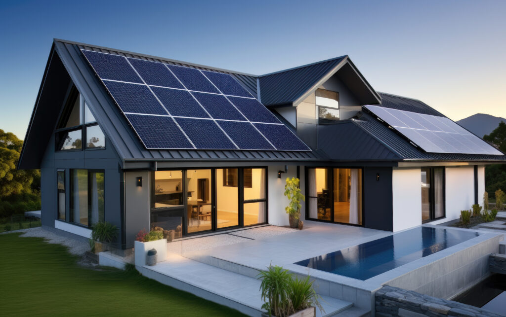 A serene neighborhood with solar-powered homes, symbolizing a sustainable community