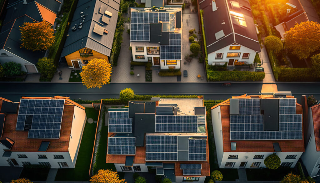 A panoramic view of a neighborhood with solar-powered homes, illustrating the widespread adoption of solar energy